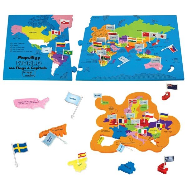 World flags and capitals jigsaw puzzle with 75 colorful pieces and EVA foam frame for kids ages 5 and up