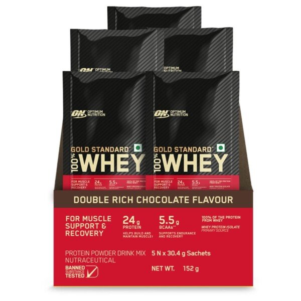 whey protein isolate powder ON Gold Standard 5 chocolate sachets 24g isolate 5.5g BCAAs gluten free