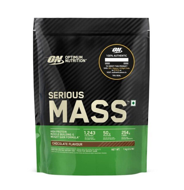 mass gainer protein powder ON Serious Mass 1kg chocolate tub 1200 calories 50g protein per serving