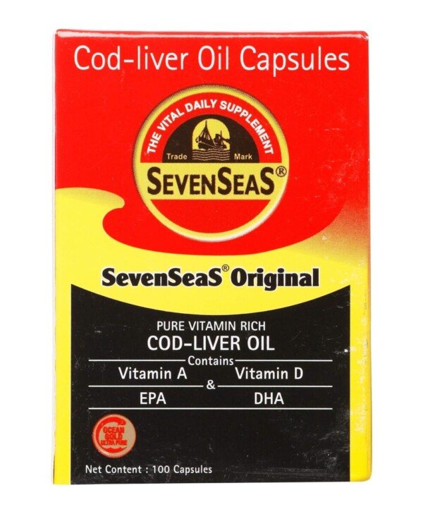 Cod liver oil capsules 100 pack Seven Seas premium Omega-3 EPA DHA Vitamins A D for brain bones immunity