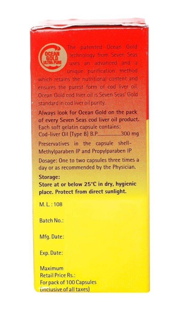 Seven Seas cod liver oil capsules 100-pack airtight bottle softgel Omega-3 daily supplement