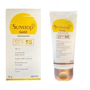 Water resistant sunscreen Sunstop Gold SPF 55 PA+++ matte finish sweat-proof waterproof gel formula 50GM tube