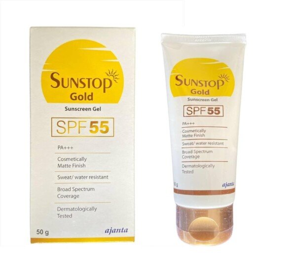 Water resistant sunscreen Sunstop Gold SPF 55 PA+++ matte finish sweat-proof waterproof gel formula 50GM tube
