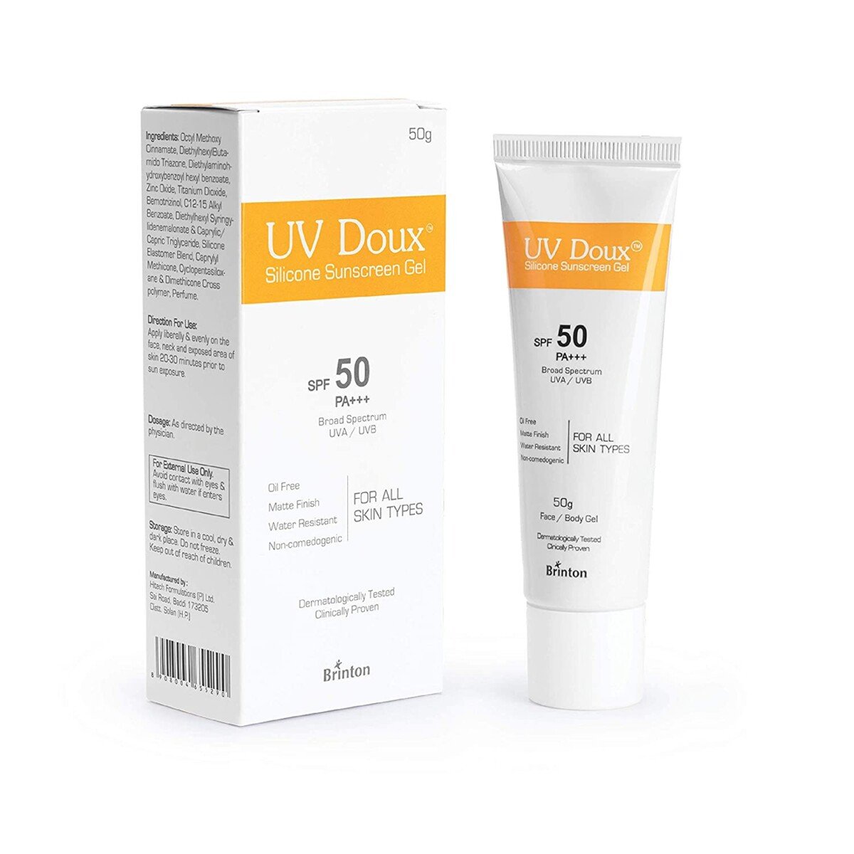 Broad spectrum sunscreen UvDoux SPF 50 PA+++ silicon formula face body matte finish water-resistant no white cast 50GM