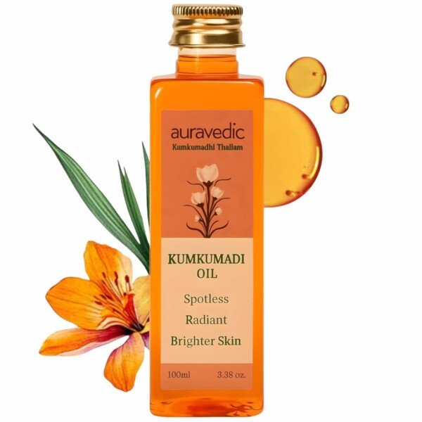 Kumkumadi oil Auravedic 100ml travel size bottle with saffron manjistha for brightening skin dark spot corrector