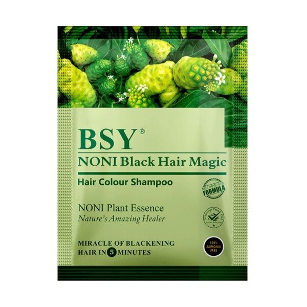 Natural hair color shampoo BSY Noni Black Hair Magic 20ml pack of 6 travel sachets grey coverage