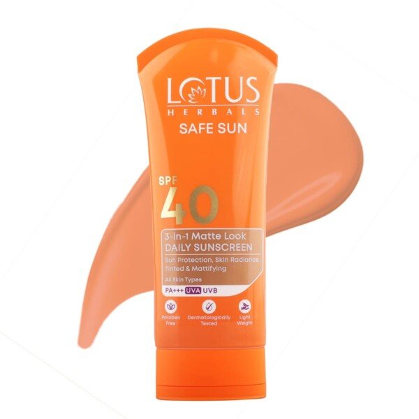 Sunscreen for face Lotus Herbals tinted daily SPF 40 PA+++ matte finish no white cast 50GM bottle