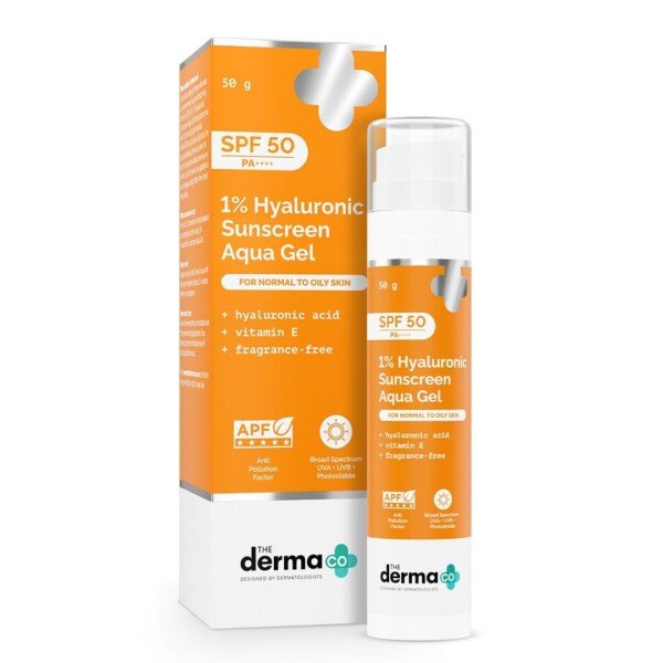 Hyaluronic acid sunscreen Derma Co 1% HA aqua gel SPF 50 PA++++ 3 variants oily acne-prone dry sensitive skin types