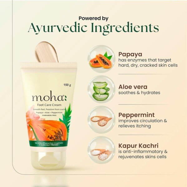 Moha foot cream ingredients aloe vera papaya peppermint kapurkachri travel size tube cracked heel repair