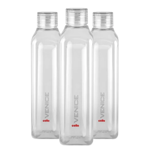 Reusable plastic water bottles, multicolor set of 5 PET bottles, 1000 ml each, with a leakproof design