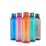 Reusable plastic water bottles, multicolor set of 5 PET bottles, 1000 ml each, with a leakproof design